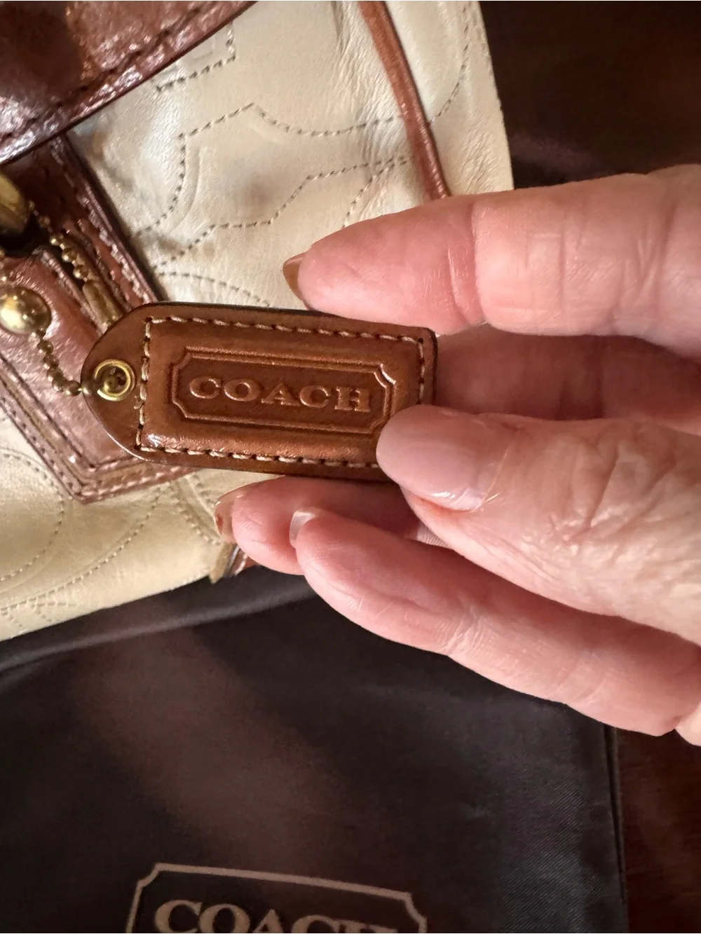 Coach Hampton Signature Embossed Leather Satchel -Cream with Saddle Brown Trim - Picture 2 of 16